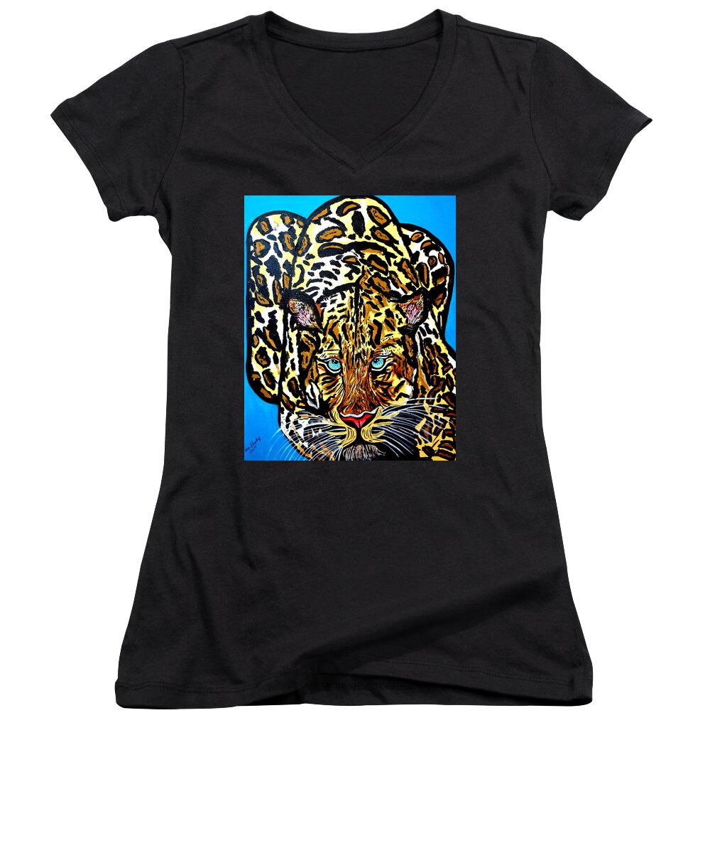 Wildcat Women's V-Neck featuring the painting Wild Cat by Nora Shepley