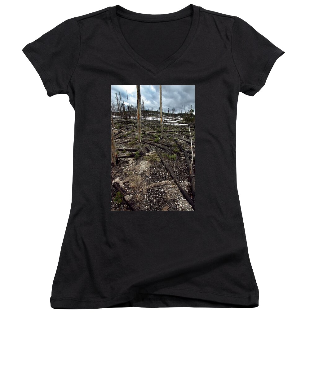 Yellowstone National Park Women's V-Neck featuring the photograph Wild Fire Aftermath by Amanda Stadther