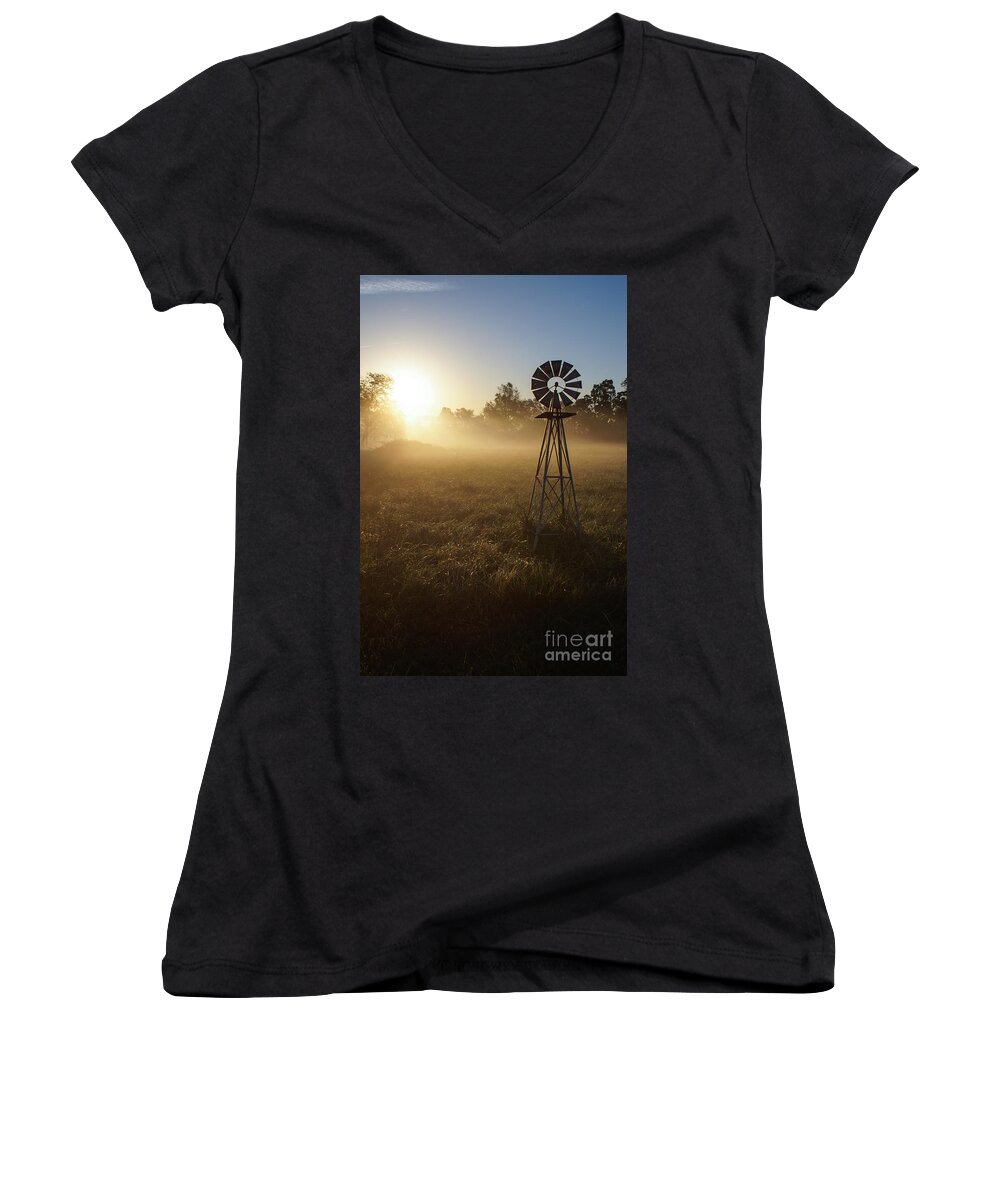 Windmill Women's V-Neck featuring the photograph Windmill in the Fog by Jennifer White