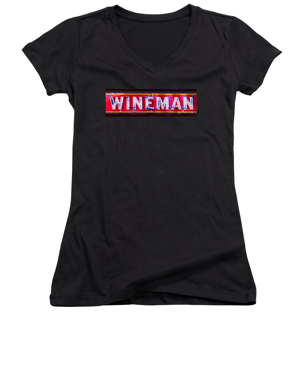 Wine Women's V-Neck featuring the photograph Wineman Neon Sign by Tap On Photo