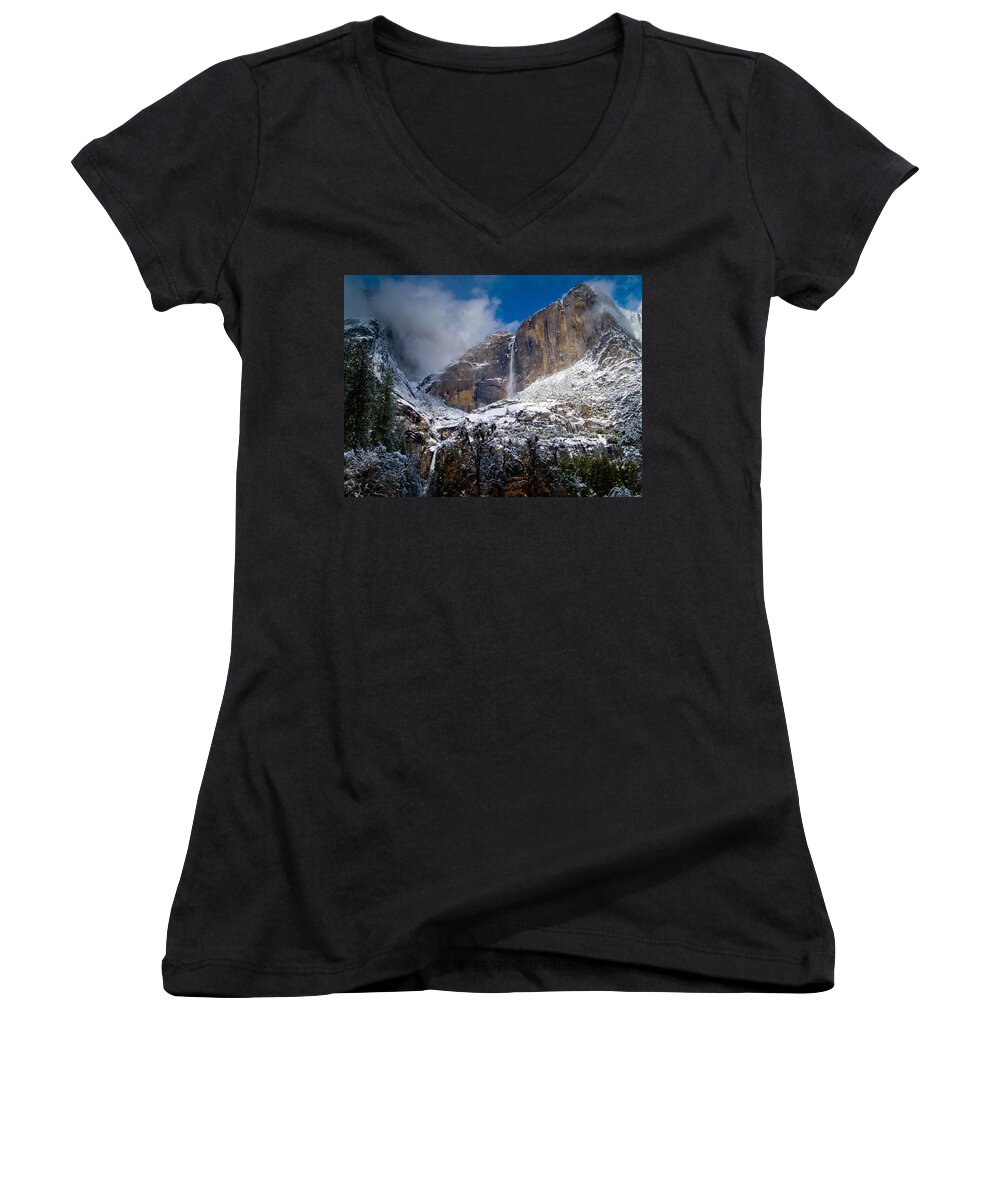 Yosemite Women's V-Neck featuring the photograph Winter at Yosemite Falls by Bill Gallagher