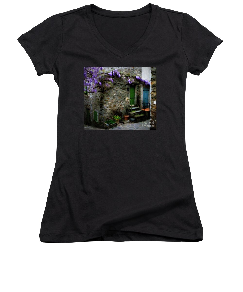 Wisteria Women's V-Neck featuring the photograph Wisteria on Stone House by Lainie Wrightson