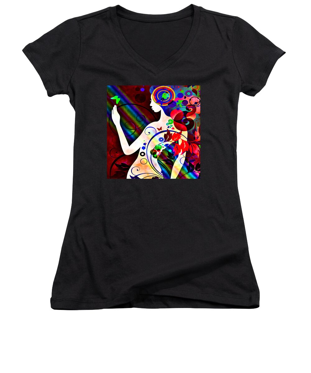 At The End Of The Rainbow Women's V-Neck featuring the mixed media Wonder At The End Of The Rainbow by Angelina Tamez