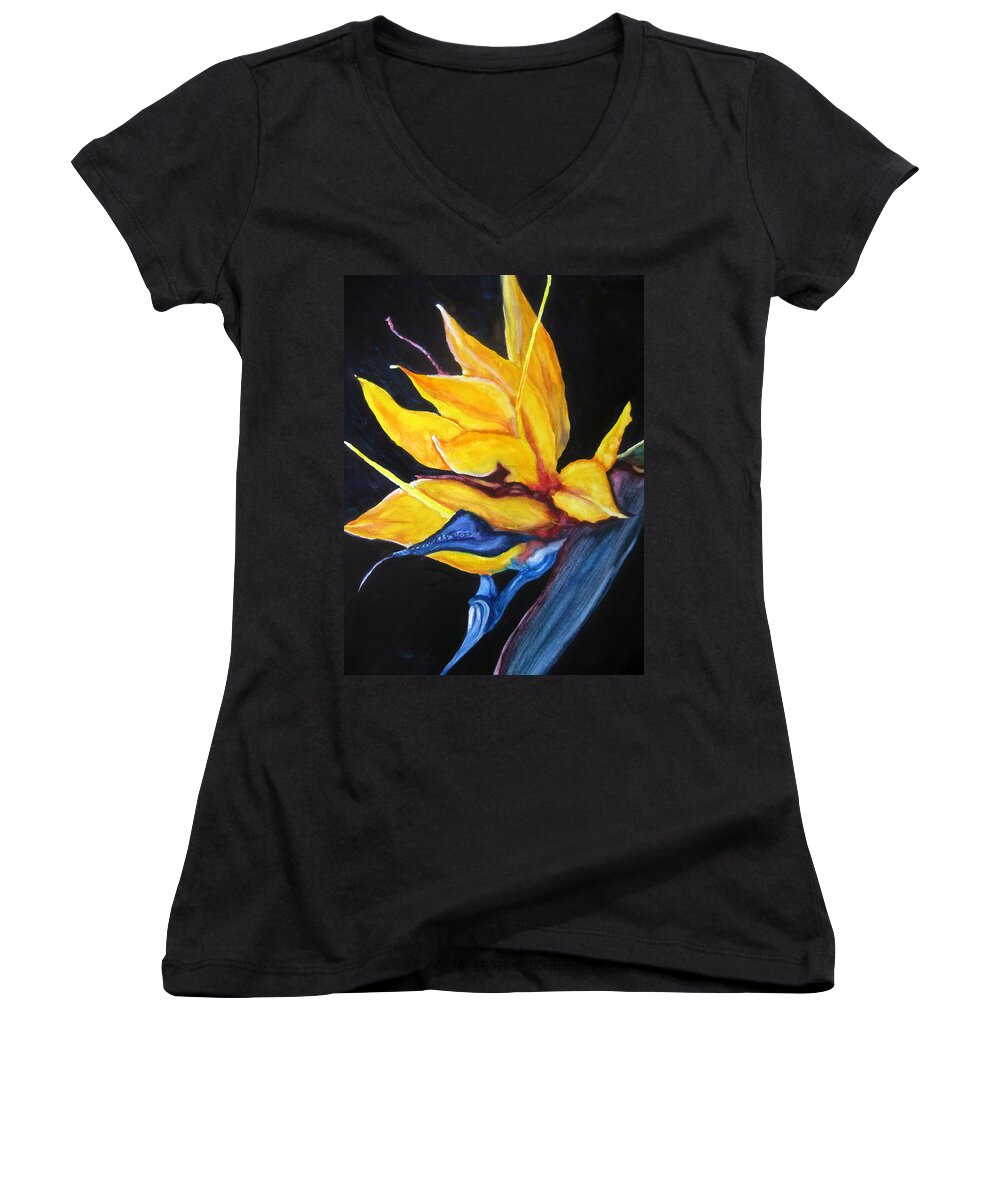 Lil Taylor Women's V-Neck featuring the painting Yellow Bird by Lil Taylor