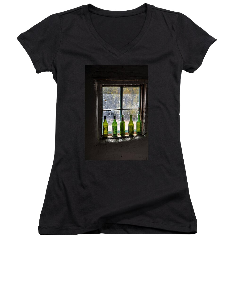 New Mexico Women's V-Neck featuring the photograph Green Bottles In Window by Ron Weathers