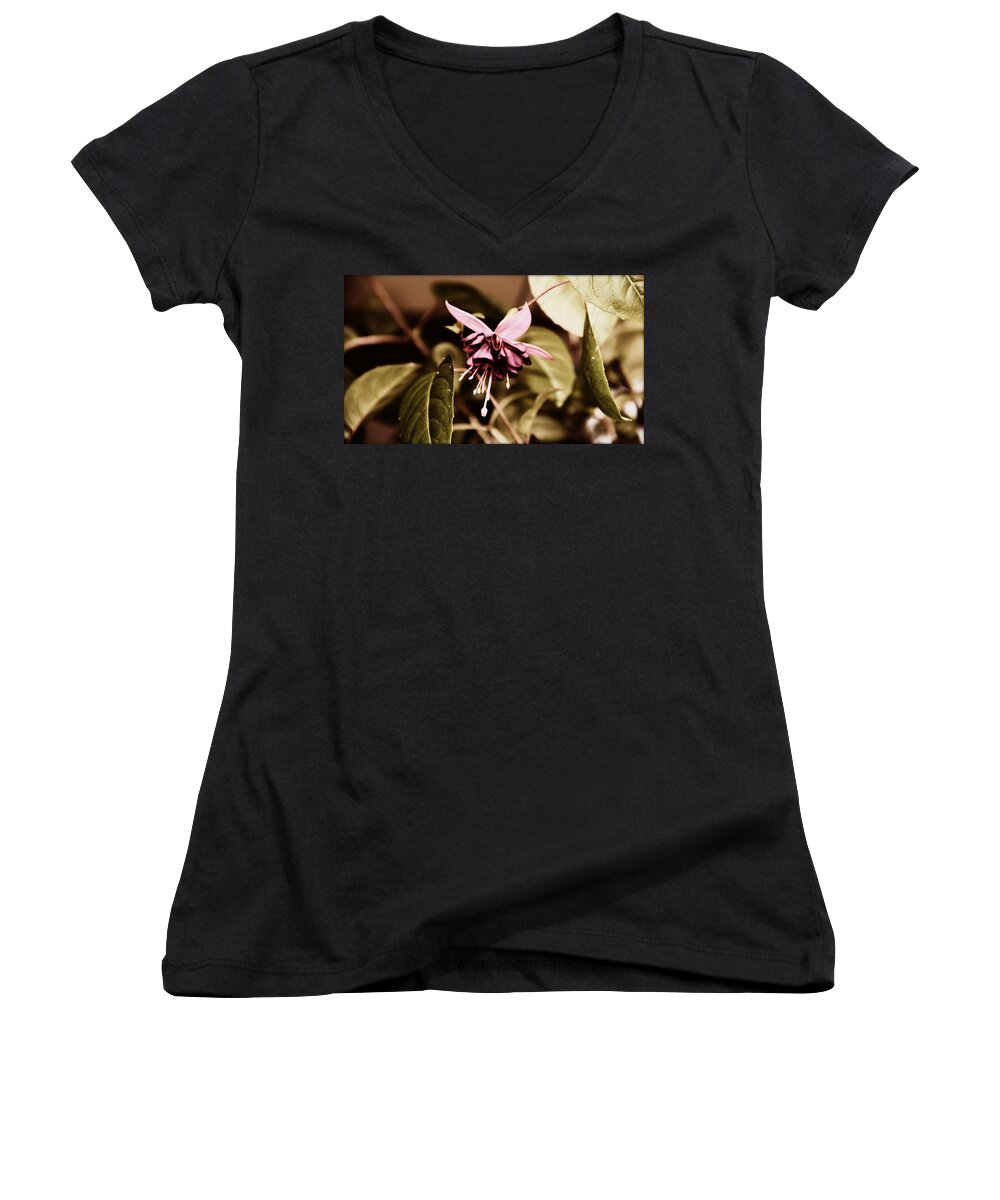 Flower Women's V-Neck featuring the photograph Antiqued Fuchsia #1 by Jeanette C Landstrom