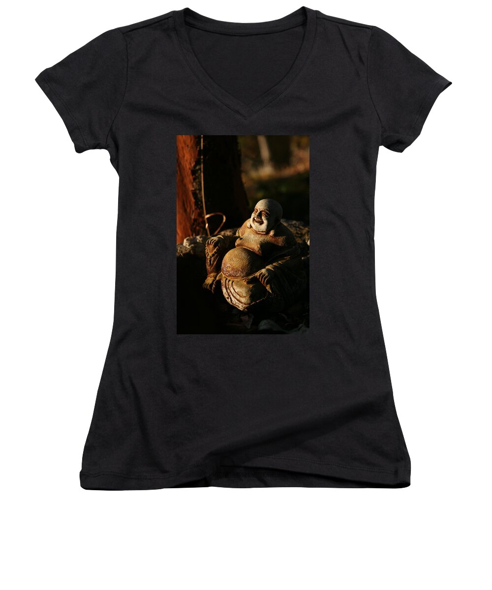 Buddha Women's V-Neck featuring the photograph Buddha of the Forest #1 by Lorraine Devon Wilke