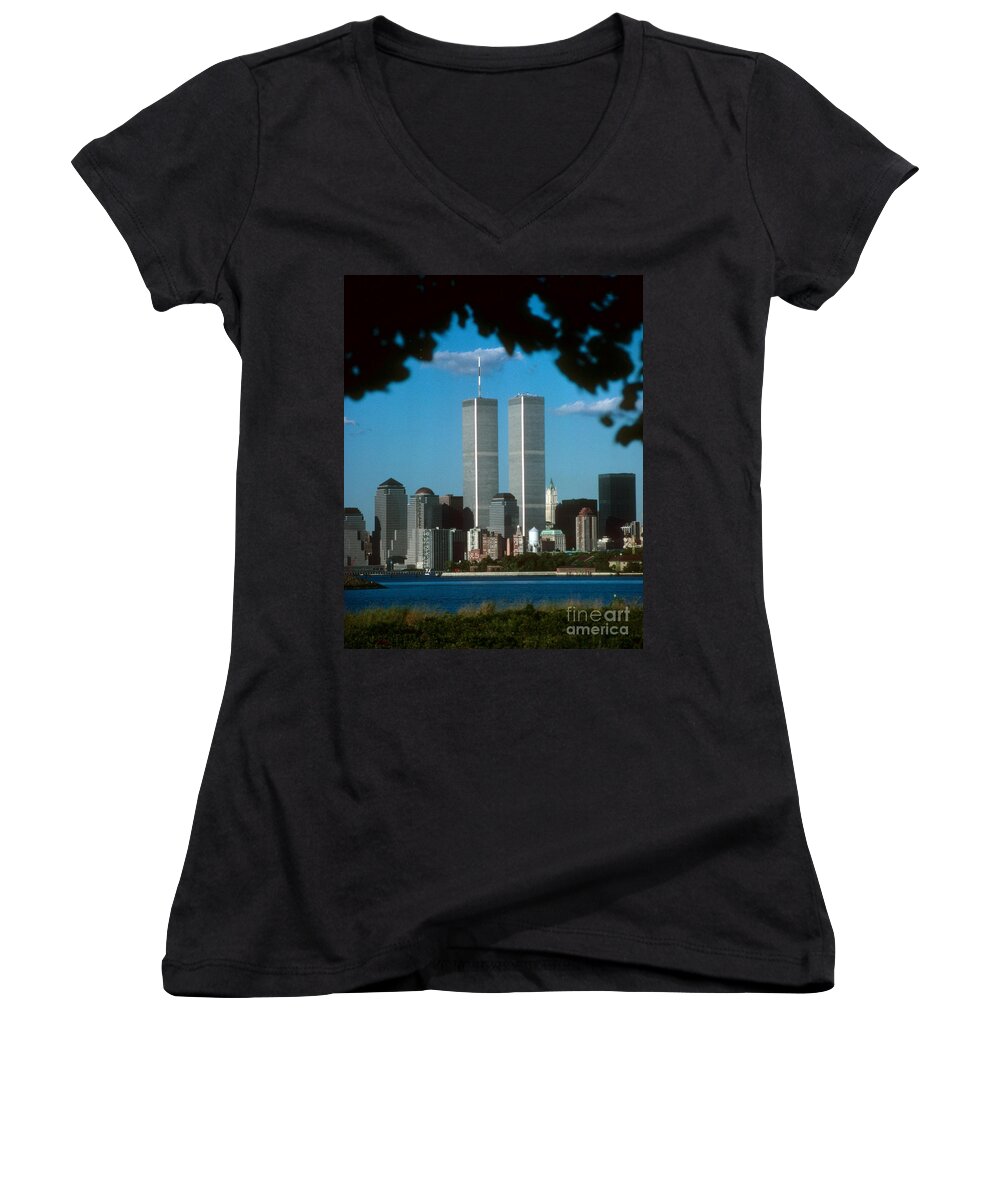 Wtc Women's V-Neck featuring the photograph View From Liberty State Park #2 by Mark Gilman
