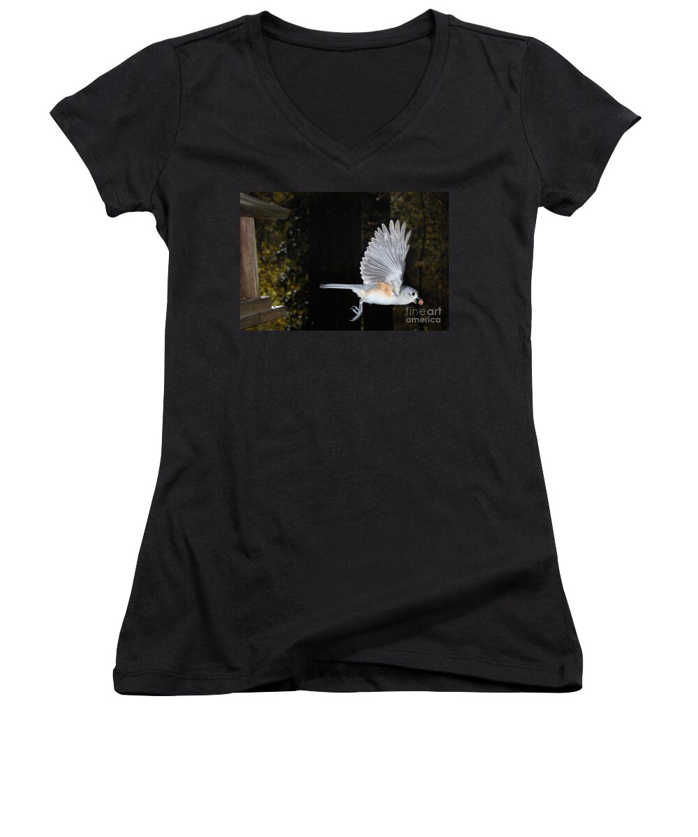 Tufted Titmouse Women's V-Neck featuring the photograph Tufted Titmouse In Flight #7 by Ted Kinsman