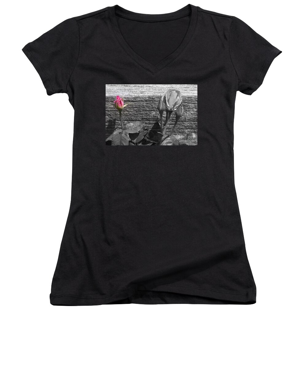 Roses Women's V-Neck featuring the photograph A Pop of Pink by Dorrene BrownButterfield
