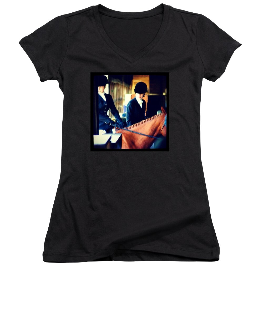 Portraits Women's V-Neck featuring the photograph At The Gate, Arty #horses #dressage by Anna Porter
