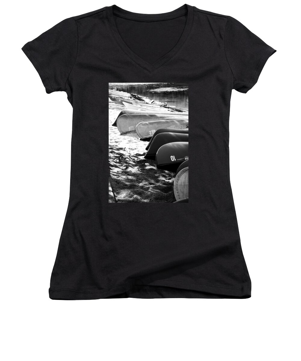 Nature Women's V-Neck featuring the photograph Beached Kayaks by Julia Wilcox