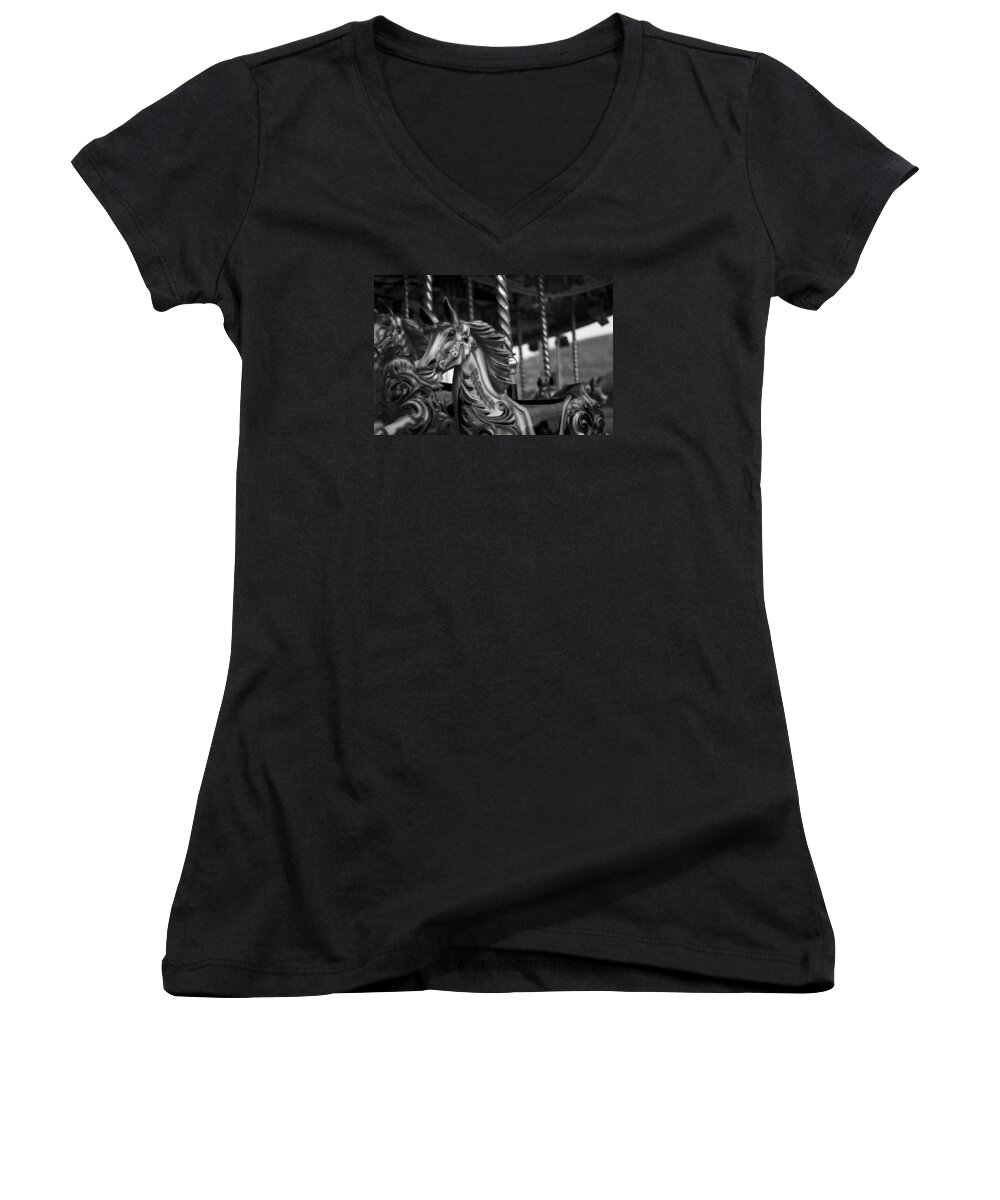 Merry Go Round Horses Women's V-Neck featuring the photograph Carousel Horses Mono by Steve Purnell