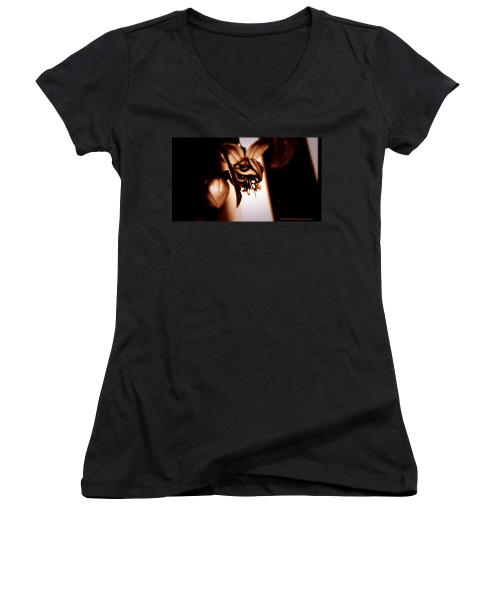 Chocolate Women's V-Neck featuring the photograph Chocolate Silk Fuchsia II by Jeanette C Landstrom