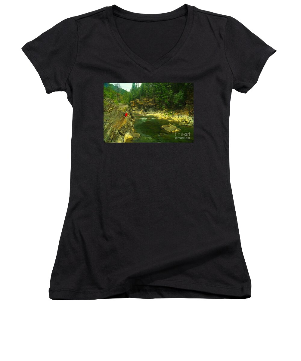 Yak River Women's V-Neck featuring the photograph Cliff Over The Yak River by Jeff Swan