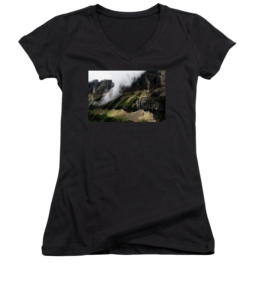 Butte Women's V-Neck featuring the photograph Clouded Ridge at Glacier by Lorraine Devon Wilke