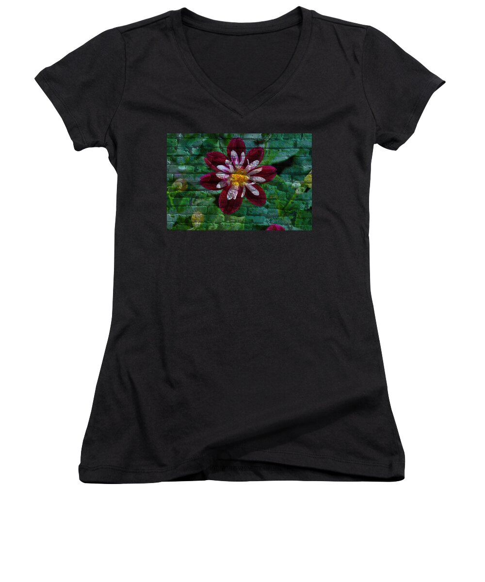Flora Women's V-Neck featuring the mixed media Crazy flower over brick by Eric Liller