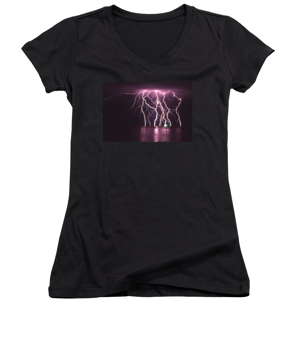 Lightning Women's V-Neck featuring the photograph Dancing on Water by Robert Caddy