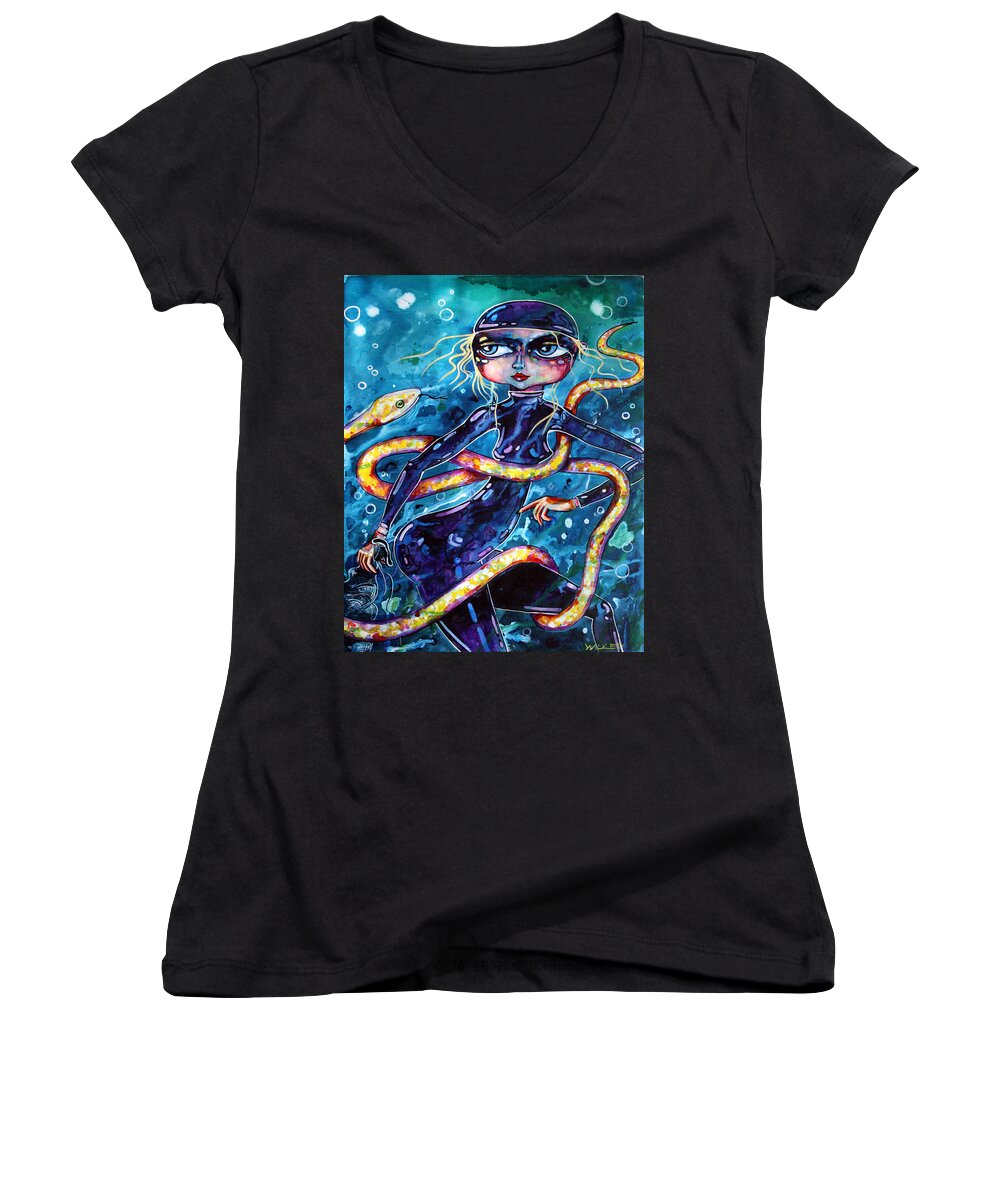 Serpent Women's V-Neck featuring the painting Diving with Serpent by Leanne Wilkes