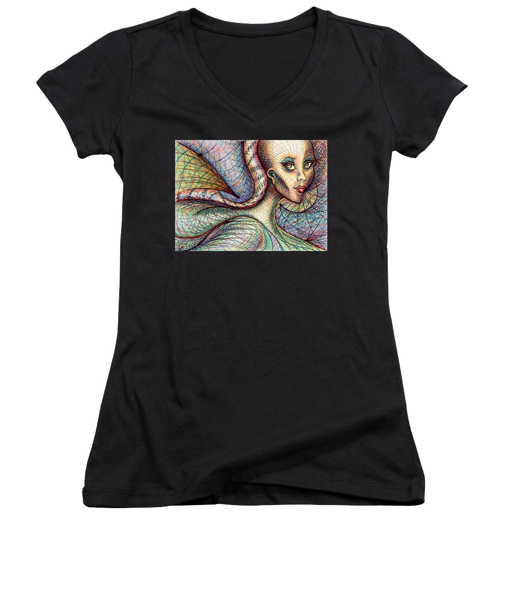 Drawing Women's V-Neck featuring the drawing Exposed by Danielle R T Haney