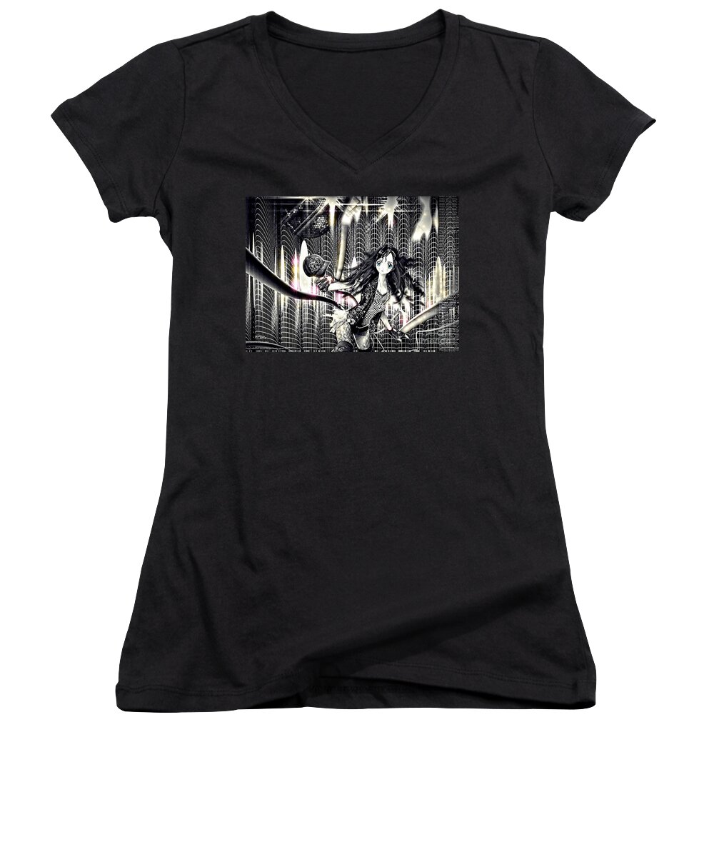 Go Dance Women's V-Neck featuring the mixed media Go Dance by Mo T