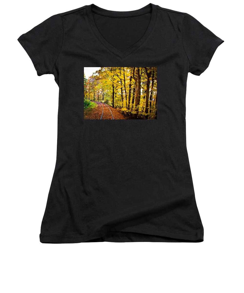 Train Photo Women's V-Neck featuring the photograph Golden Rails by Sara Frank