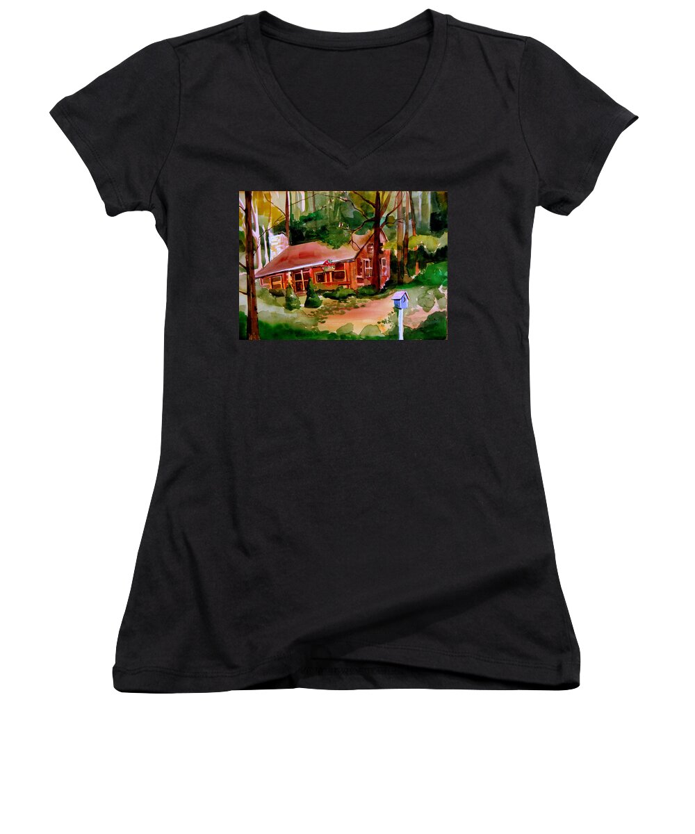 Cabin Women's V-Neck featuring the painting In a Cottage in the Woods by Mindy Newman