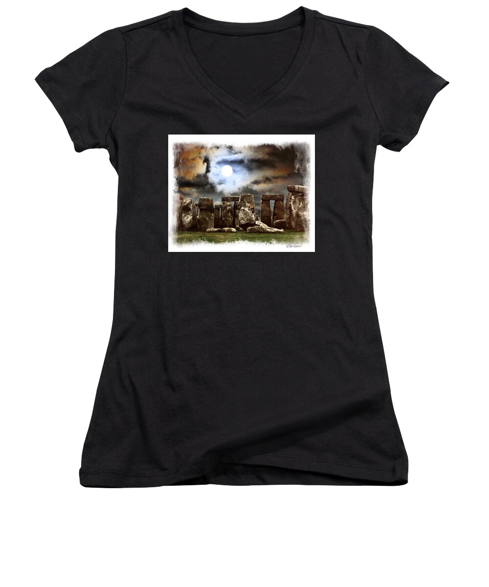 Moon Women's V-Neck featuring the photograph Moon Over Stonehenge by Diana Haronis