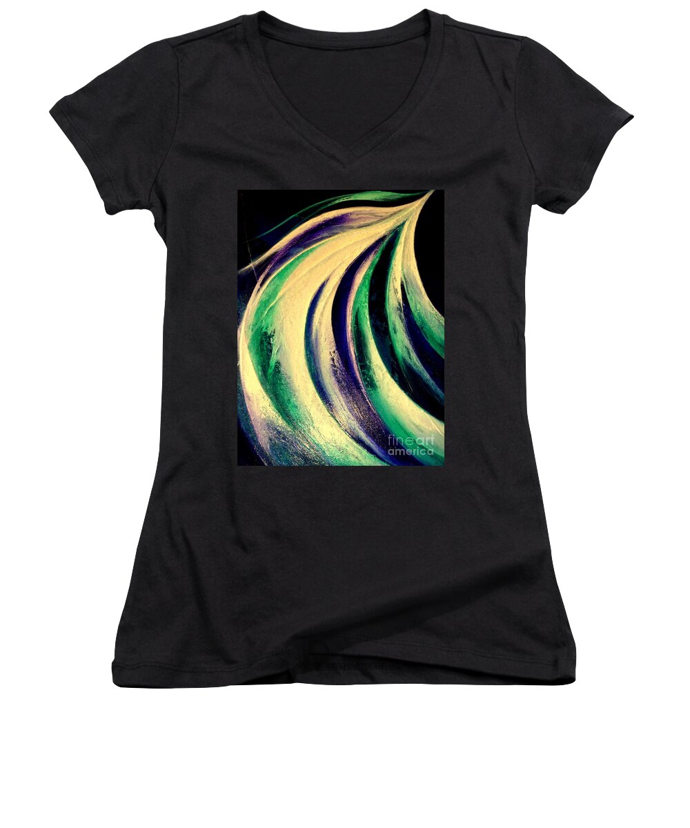 Light.moonlight.waterfall.sky.mountain.energy.water.landscape.movement. Women's V-Neck featuring the painting Moonlight In Water Fall by Kumiko Mayer