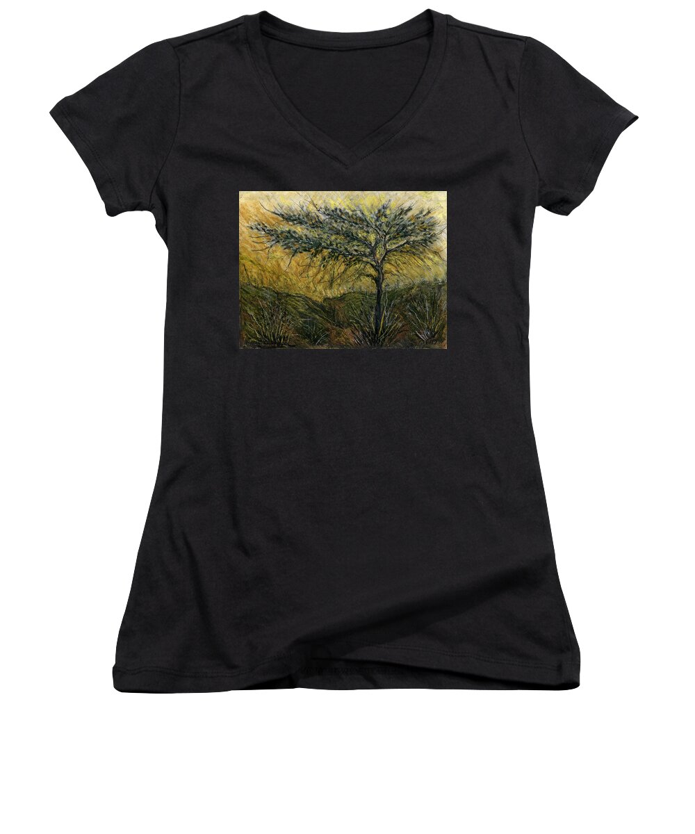 Nature Women's V-Neck featuring the painting Nature landscape green thorns Acacia tree flowers sunset in yellow clouds sky by Rachel Hershkovitz