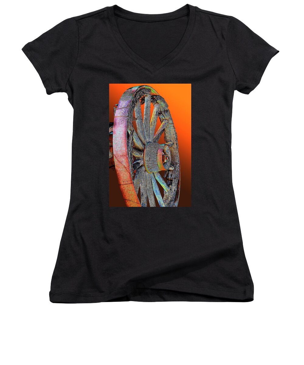 Wheel Women's V-Neck featuring the photograph Neon Weathered Wagon Wheel by Phyllis Denton