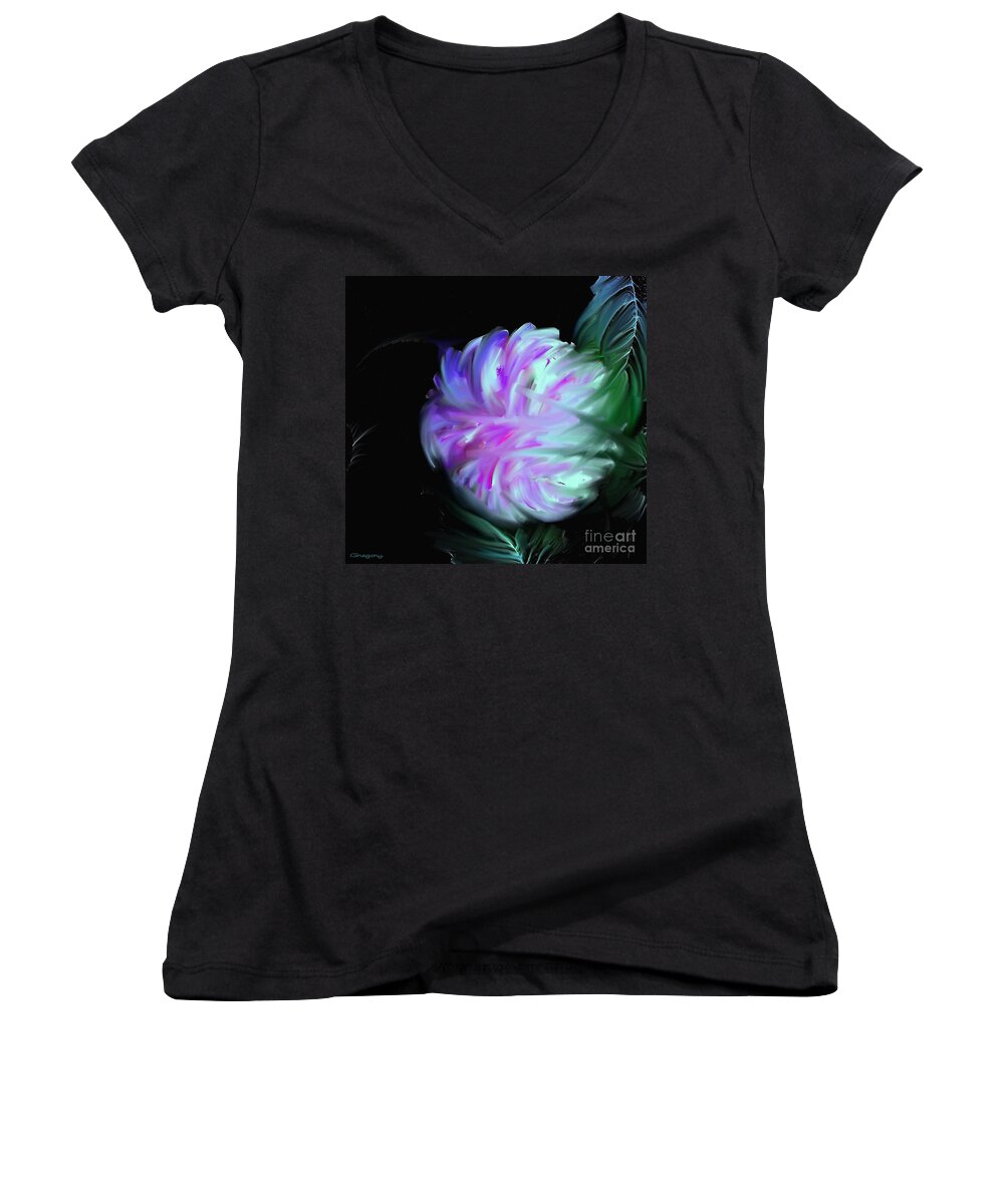 Painting Women's V-Neck featuring the painting Night Flower by Greg Moores