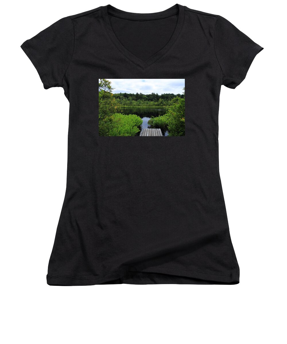 Ward Reservation Women's V-Neck featuring the photograph Pine Hole Pond by Jeff Heimlich