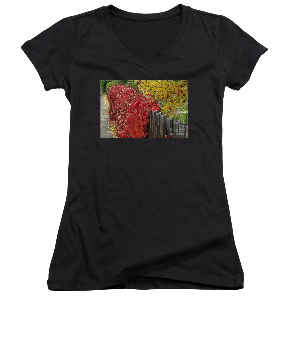 Fall Colors Women's V-Neck featuring the photograph Red Fence by Dorrene BrownButterfield