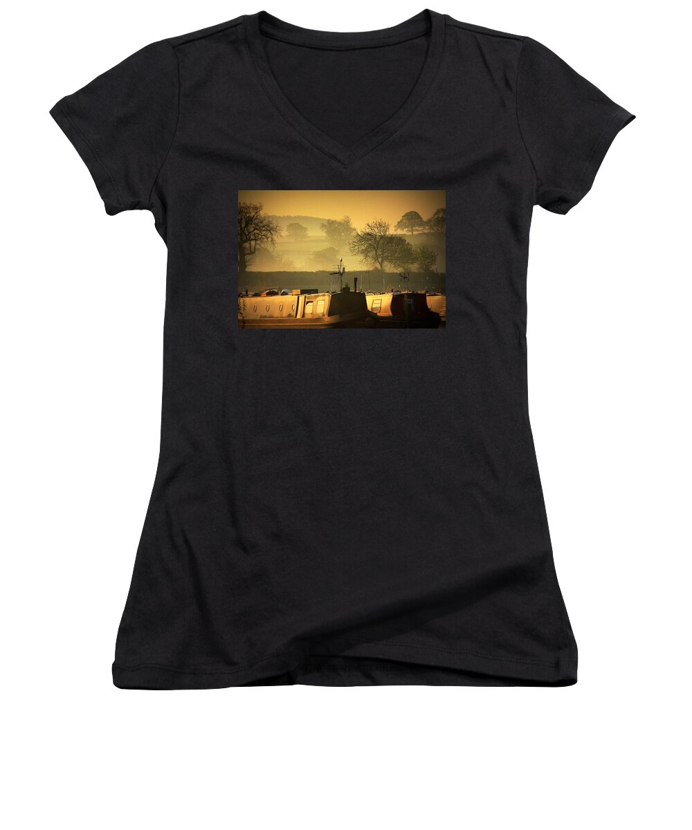 Inland Waterways Women's V-Neck featuring the photograph Resting narrowboats by Linsey Williams