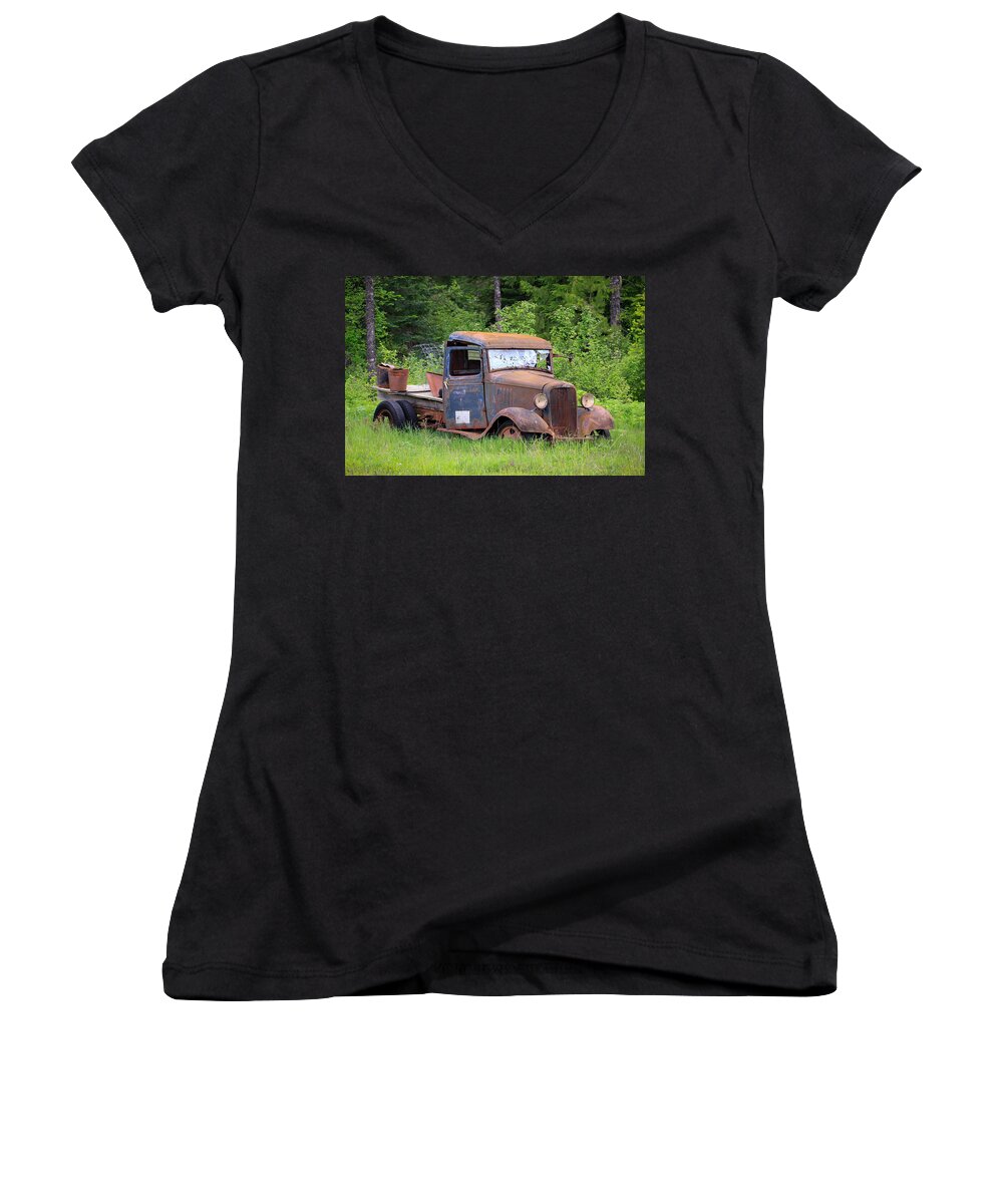 Abandoned Truck Women's V-Neck featuring the photograph Rusty Chevy by Steve McKinzie