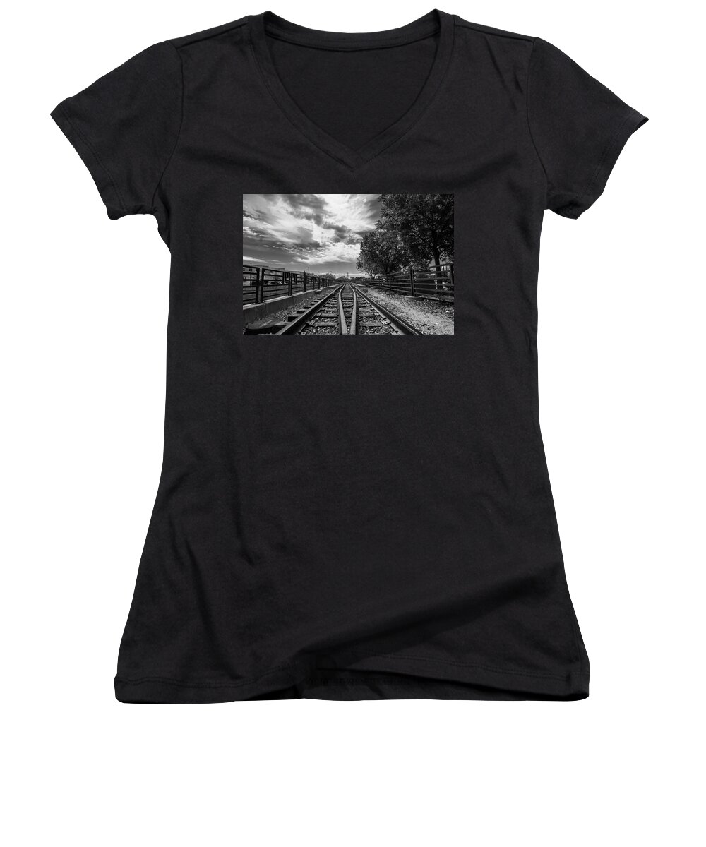 Train Track Railroad Tie Rail Sky Black And White Women's V-Neck featuring the photograph Silent Spur by Tom Gort