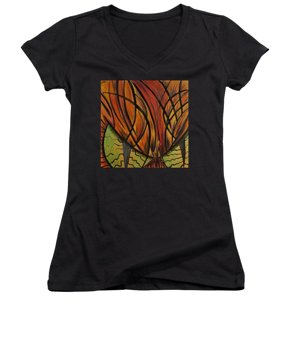 Kitty Women's V-Neck featuring the painting Sinister Feline by Jaime Haney