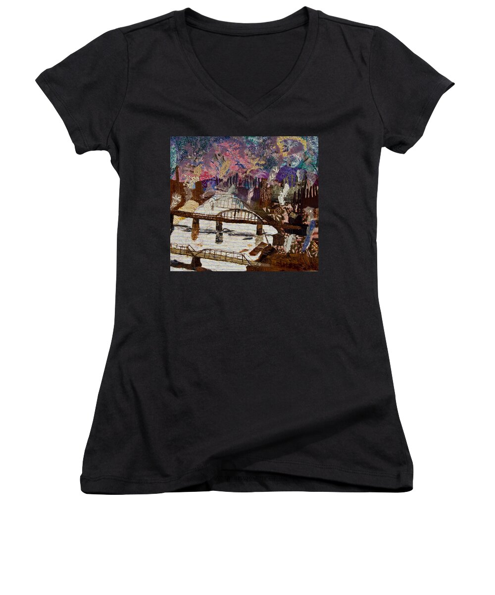 Industrial Women's V-Neck featuring the mixed media Sky Over the Allegheny by Martha Ressler