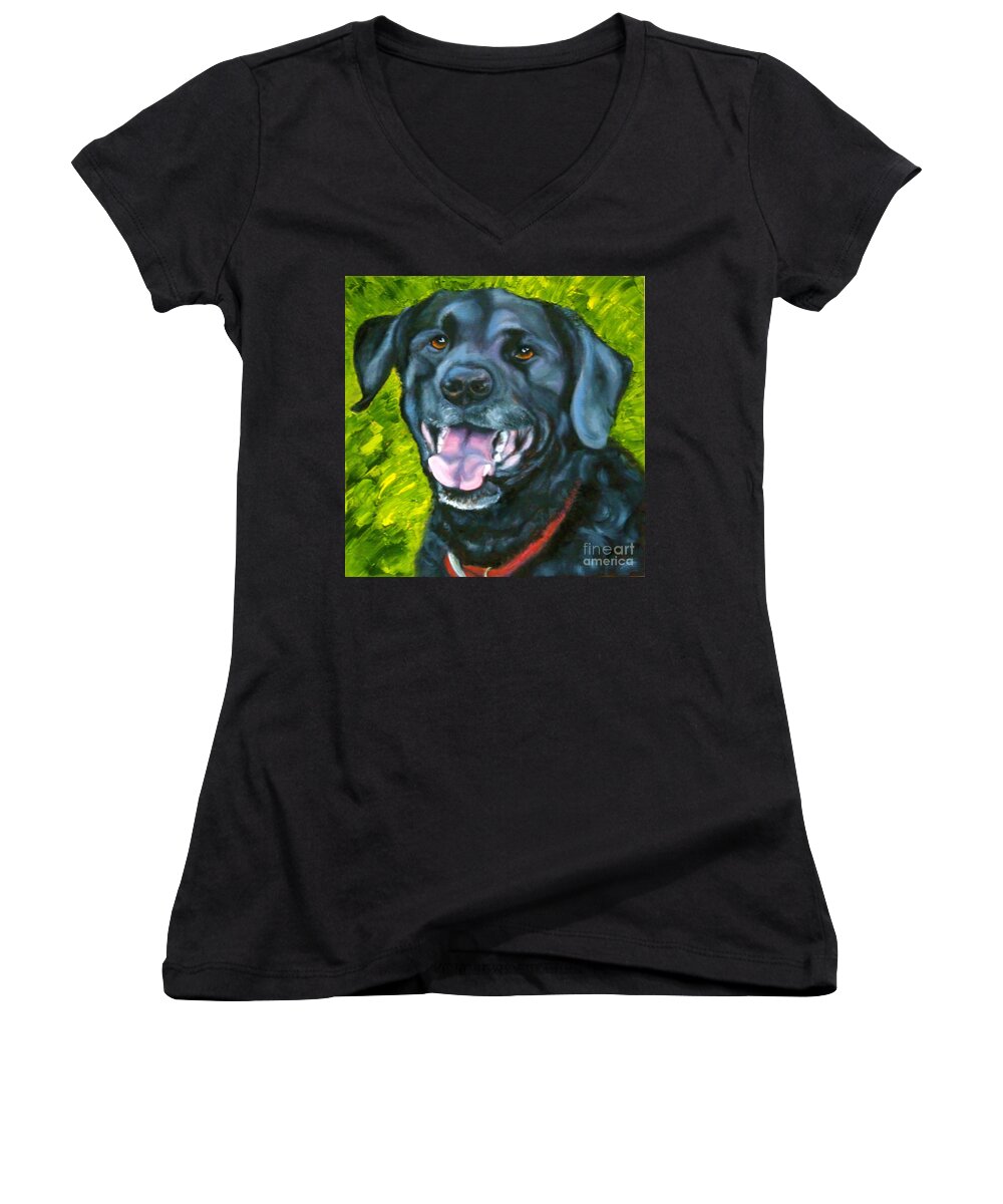 Dog Women's V-Neck featuring the painting Smiling Lab by Susan A Becker