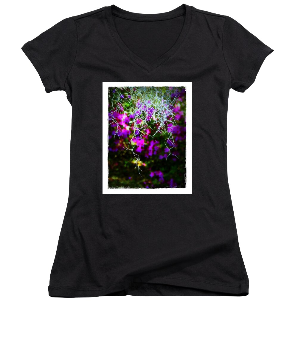 Spanish Women's V-Neck featuring the photograph Spanish Moss and Azaleas by Judi Bagwell