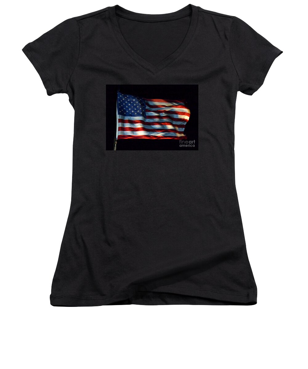 Flag Women's V-Neck featuring the photograph Stars and Stripes at Night by Kevin Fortier
