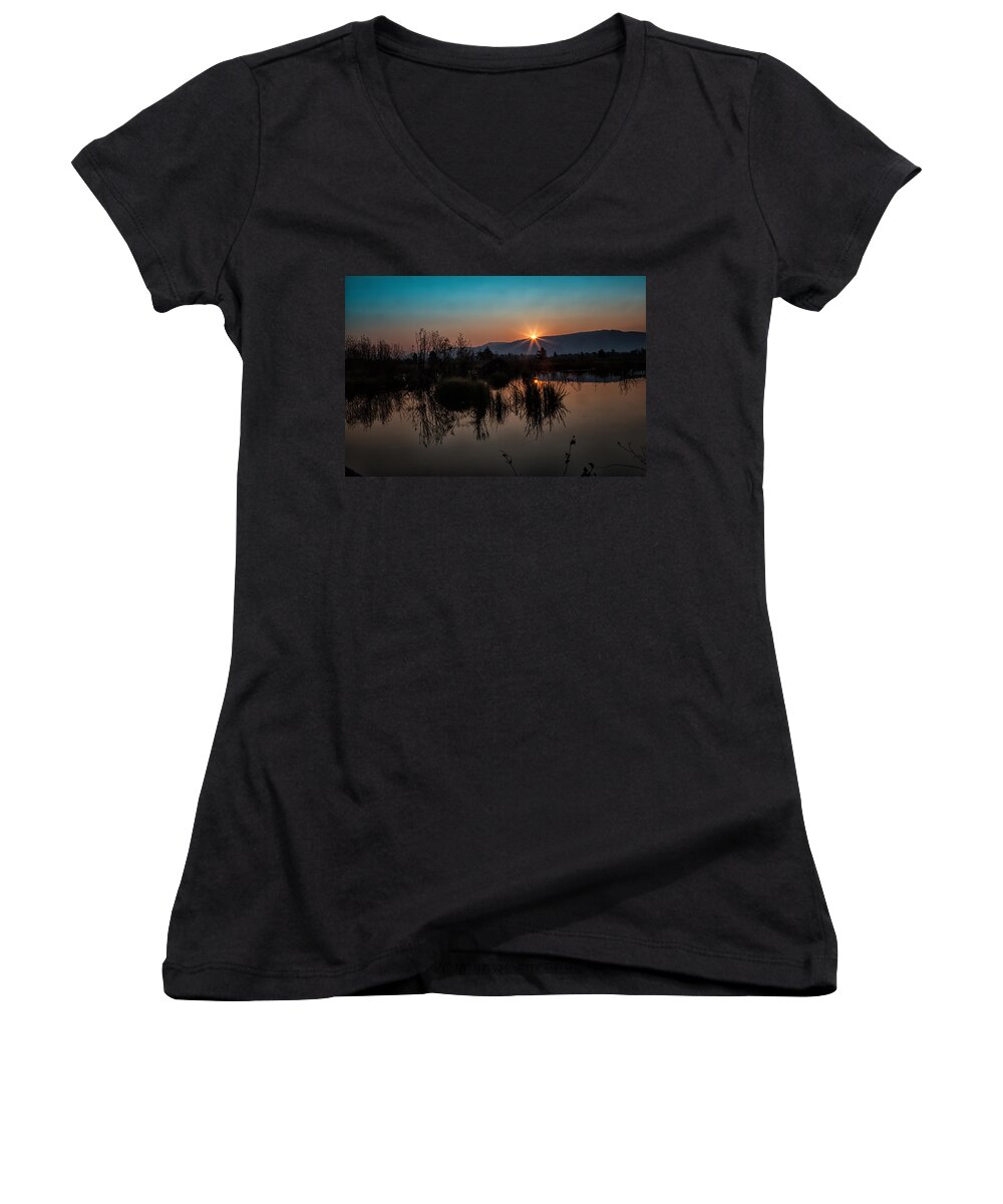 2012 Women's V-Neck featuring the photograph Sunrise over the Beaver Pond by Ronald Lutz