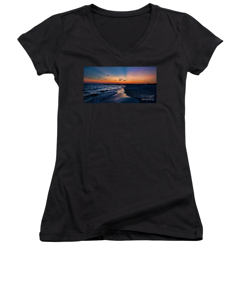 Beach Women's V-Neck featuring the photograph Sunset on the Beach by Susan Cliett