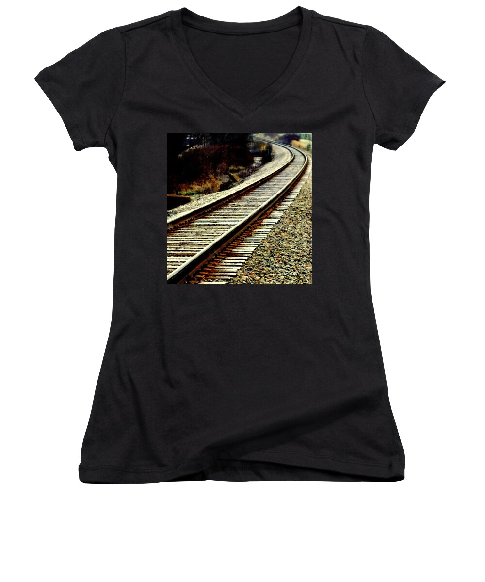 Railroad Tracks Women's V-Neck featuring the photograph The Long Way Home by Karen Wiles
