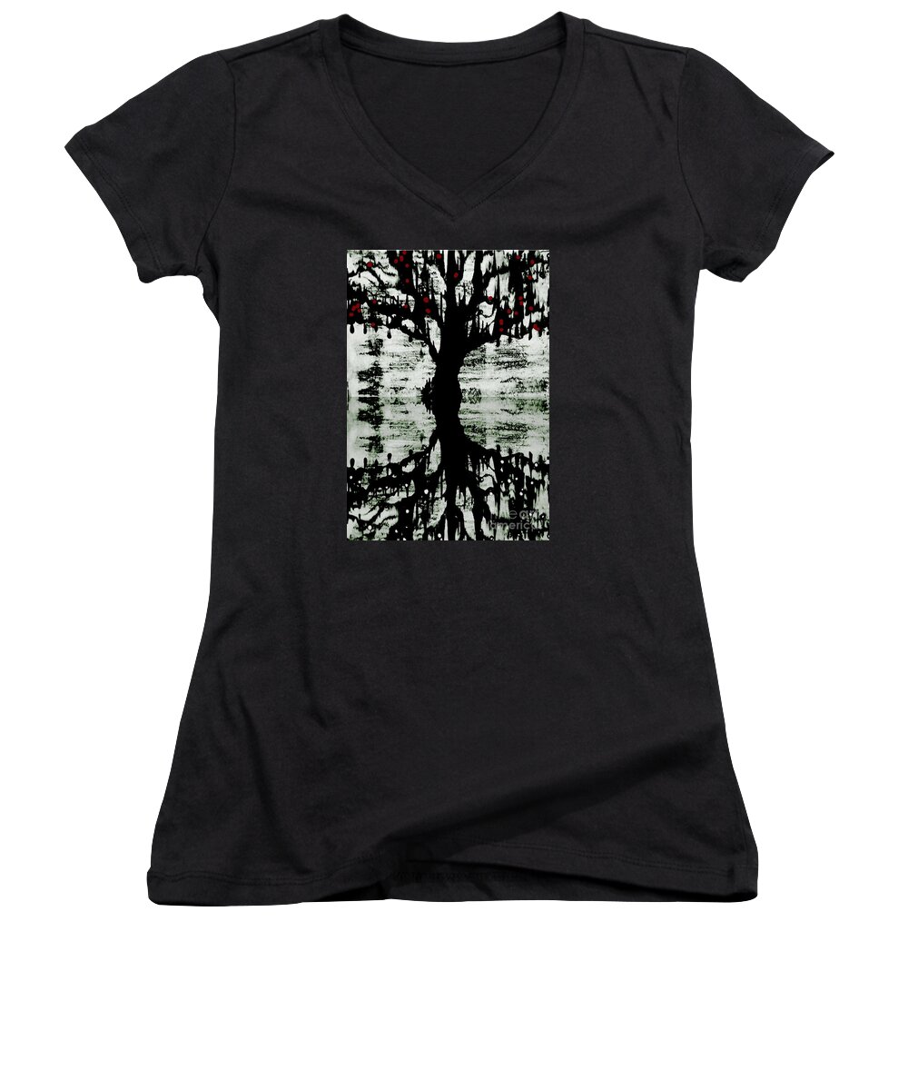 Black And White Tree Women's V-Neck featuring the painting The Tree The Root by Amy Sorrell