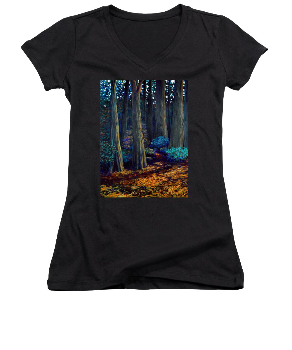 Woods Women's V-Neck featuring the painting To the Woods by Jeanette Jarmon