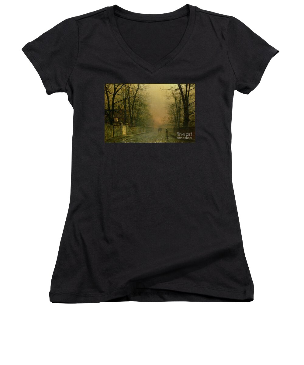 Grimshaw Women's V-Neck featuring the painting Where the pale moonbeams linger by John Atkinson Grimshaw