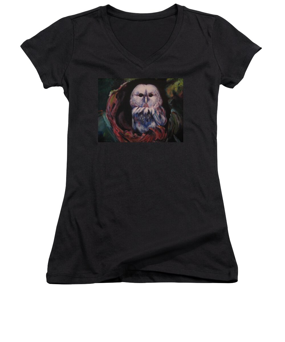 Owl Women's V-Neck featuring the painting Who's Lair by Jason Reinhardt