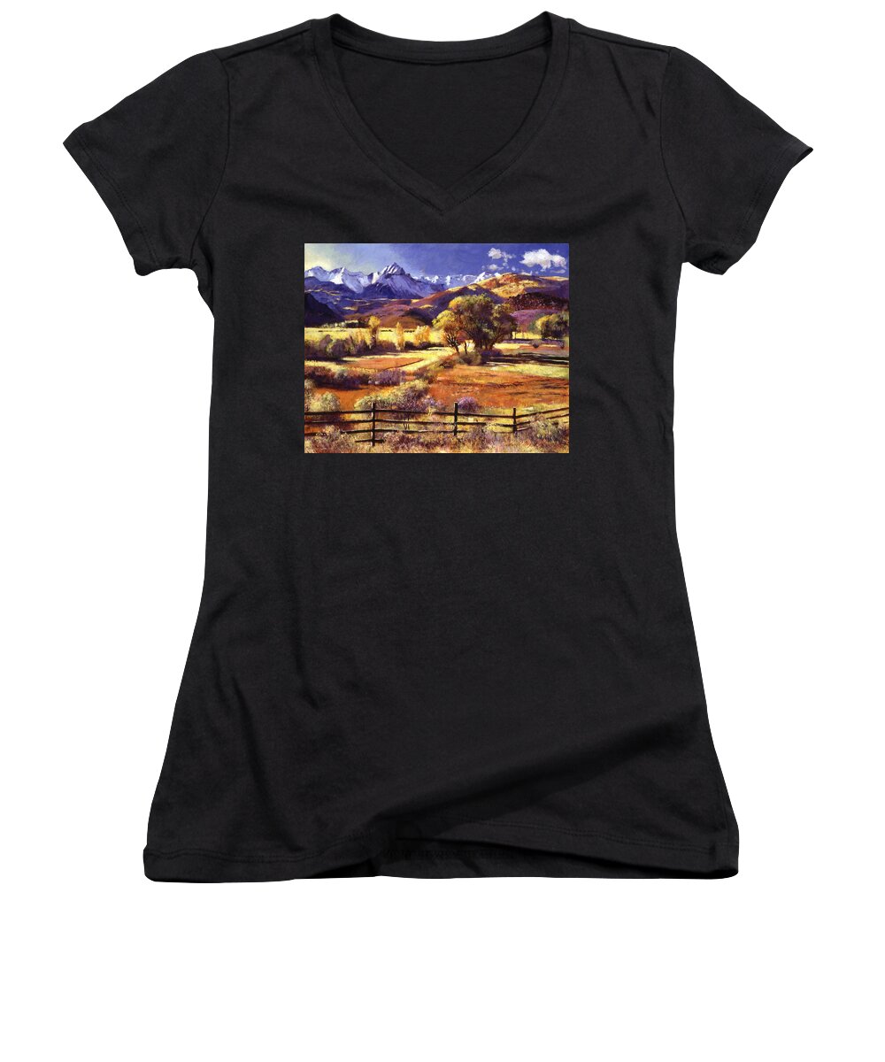 Landscapes Women's V-Neck featuring the painting Foothills Ranch by David Lloyd Glover